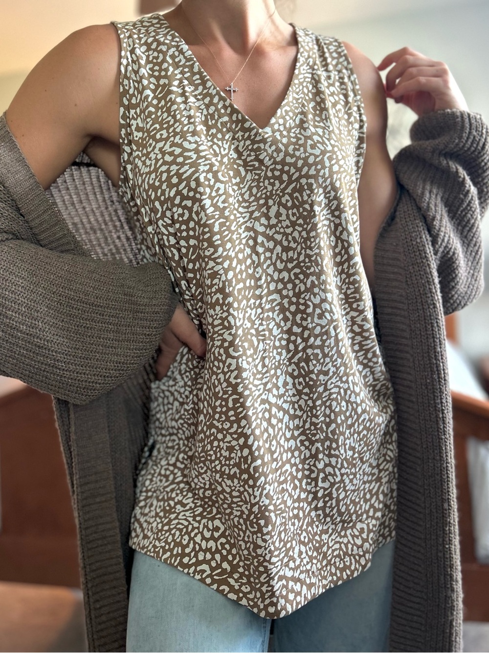 J. Jill Taupe and White V-Neck Animal Print Tank